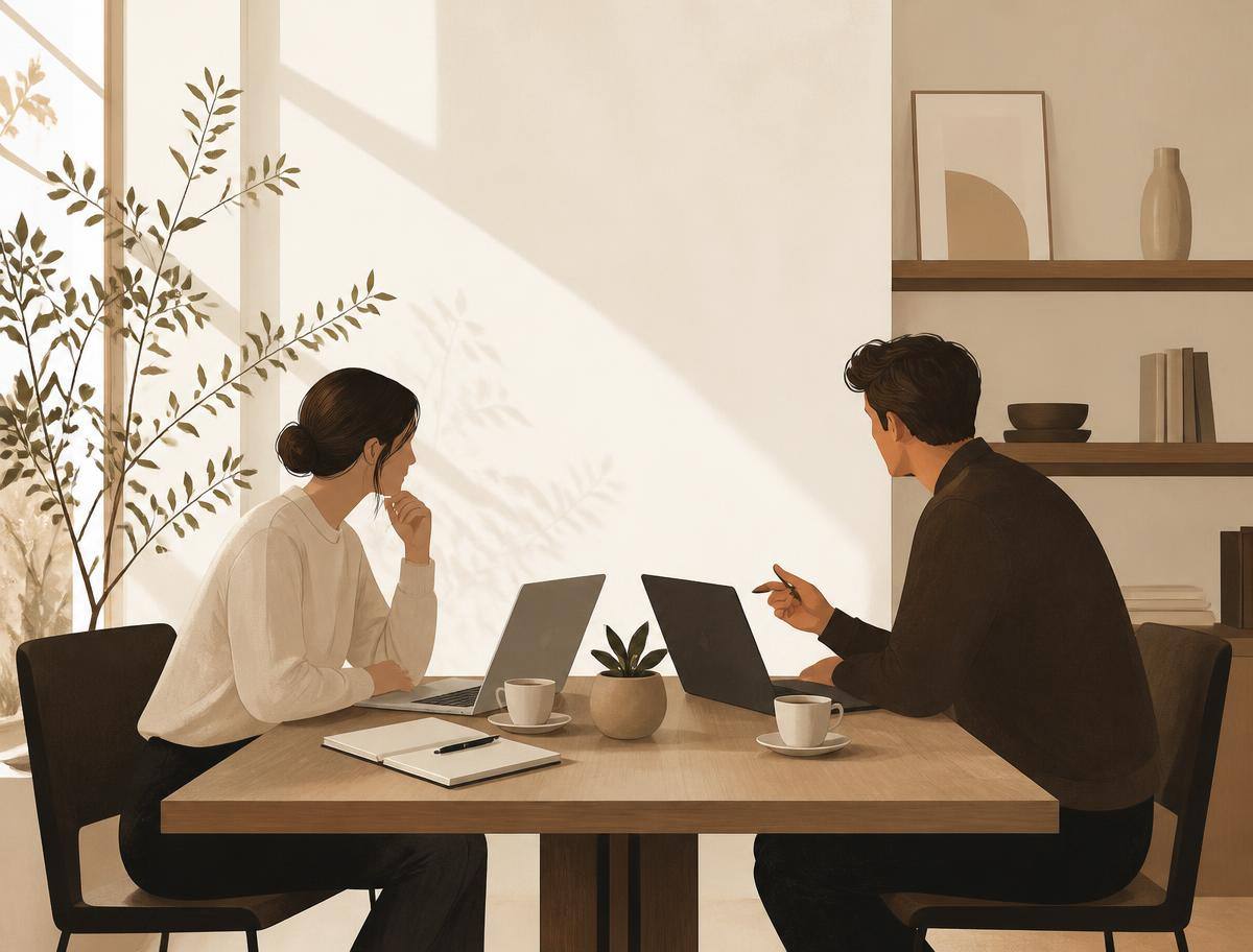 Editorial illustration of two people working through a problem together at a sunlit table with laptops, a notebook and coffee