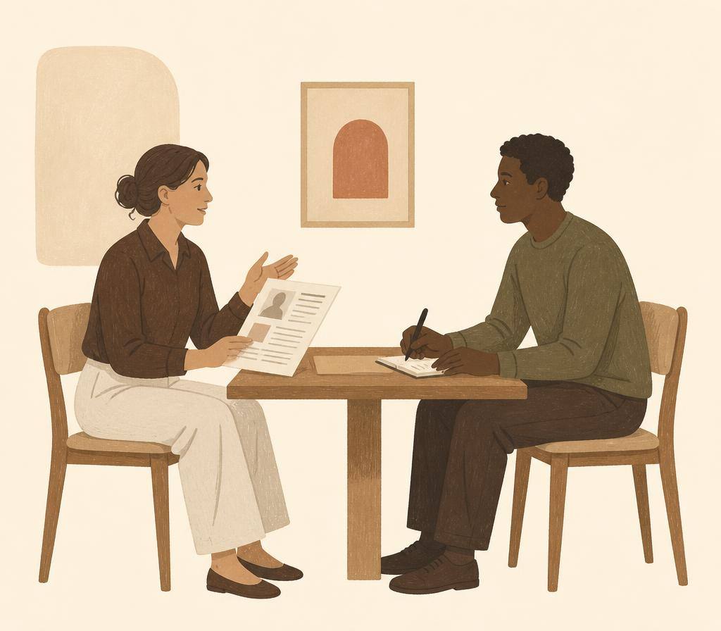 Illustration of two colleagues discussing a printed application across a table