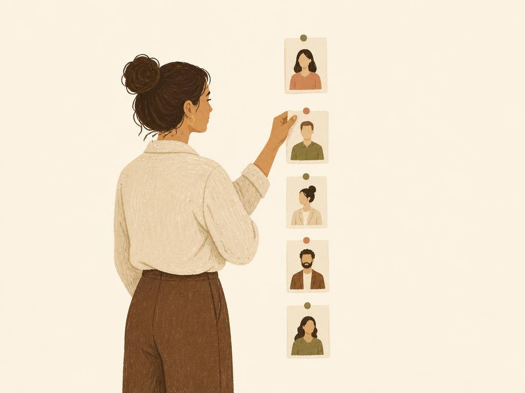 Illustration of a hiring manager arranging printed candidate cards into a shortlist