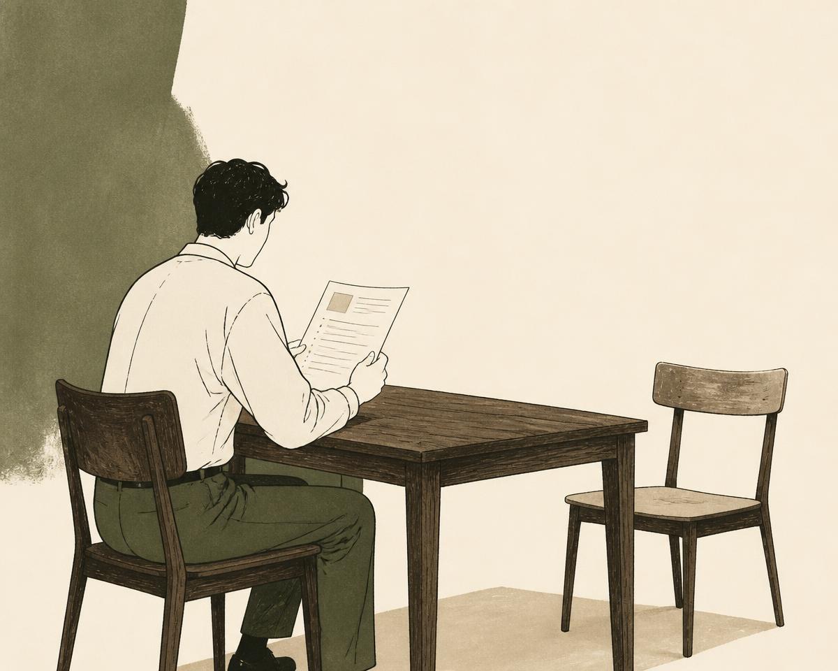 Illustration of a candidate reading a printed role brief across a table from an empty chair