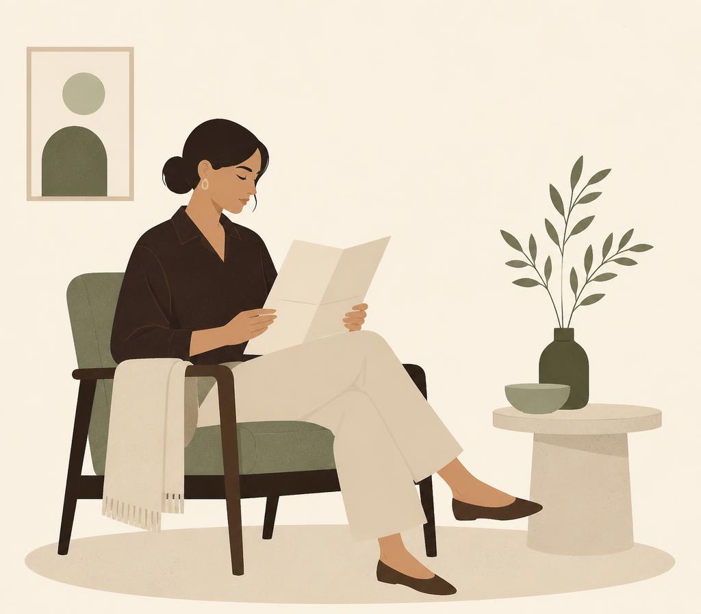 Illustration of a candidate reading a printed role brief in a quiet room